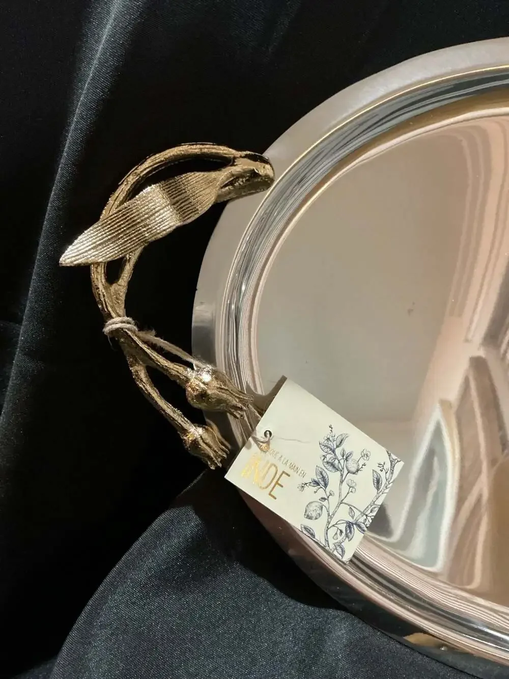 INDE Stainless Steel Oval Serving Tray with Gold Floral Branch Handles